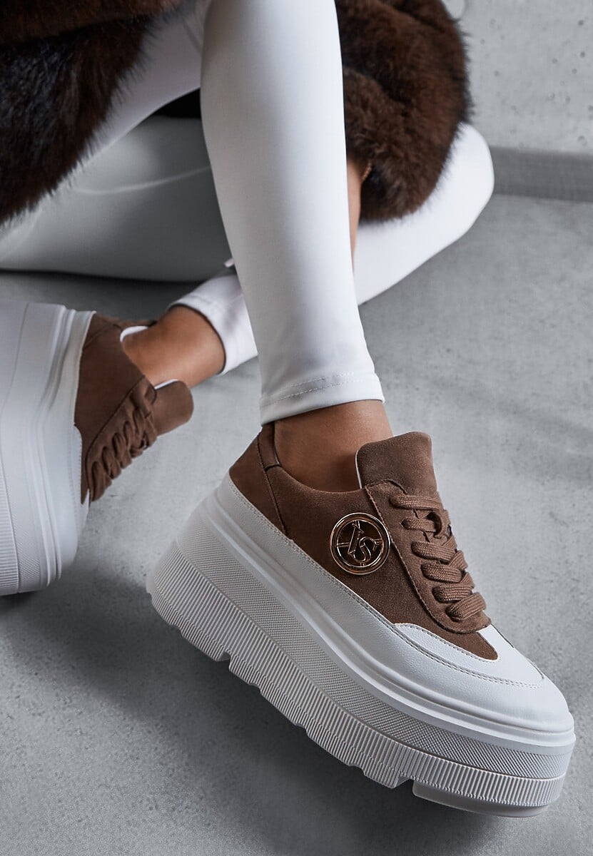 Brązowo-Białe Chunky Sneakersy Vices na Platformie z Okrągłym Detalem Sedvira 1