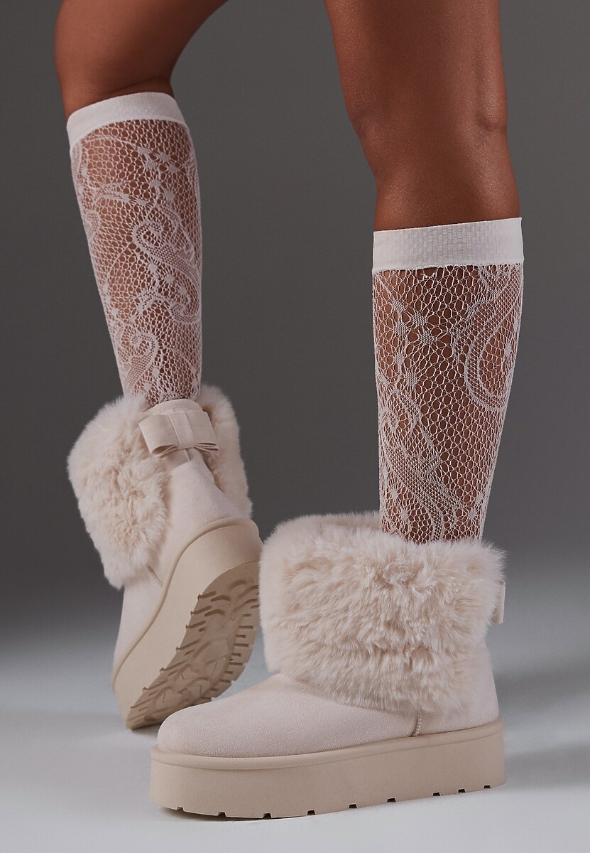 Beżowe Śniegowce z Cholewką za Kostkę Ocieplane z Futerkiem i Małą Kokardą Reinedia 2