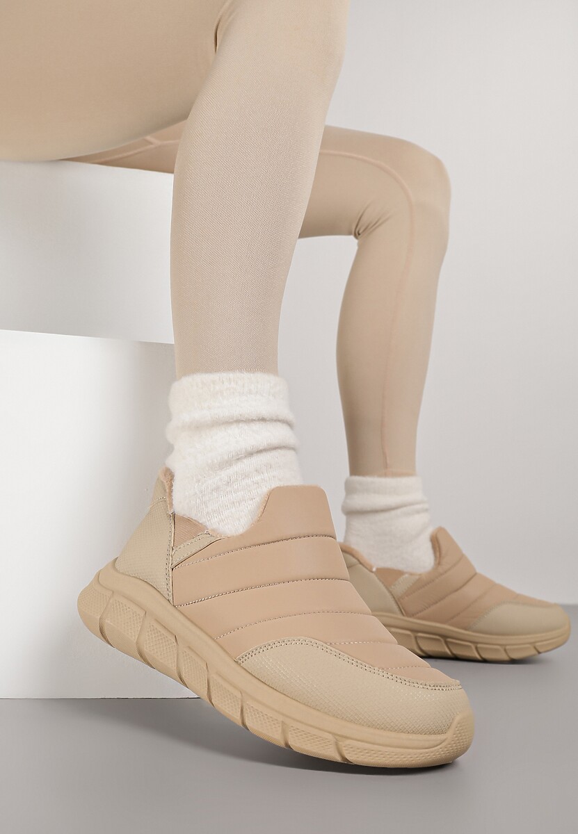 Ciemnobeżowe Sneakersy Śniegowce na Platformie z Tłoczeniem i Pikowaną Cholewką Vermina 1