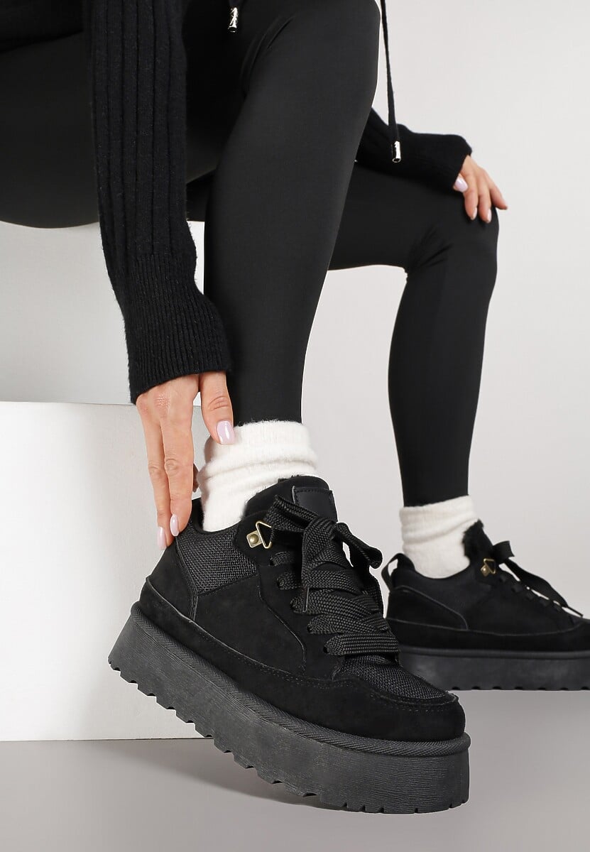 Czarne Sneakersy Śniegowce o Fasonie Sneakersów na Platformie Velavine 1
