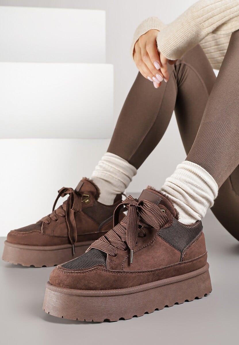 Brązowe Sneakersy Śniegowce o Fasonie Sneakersów na Platformie Velavine 1