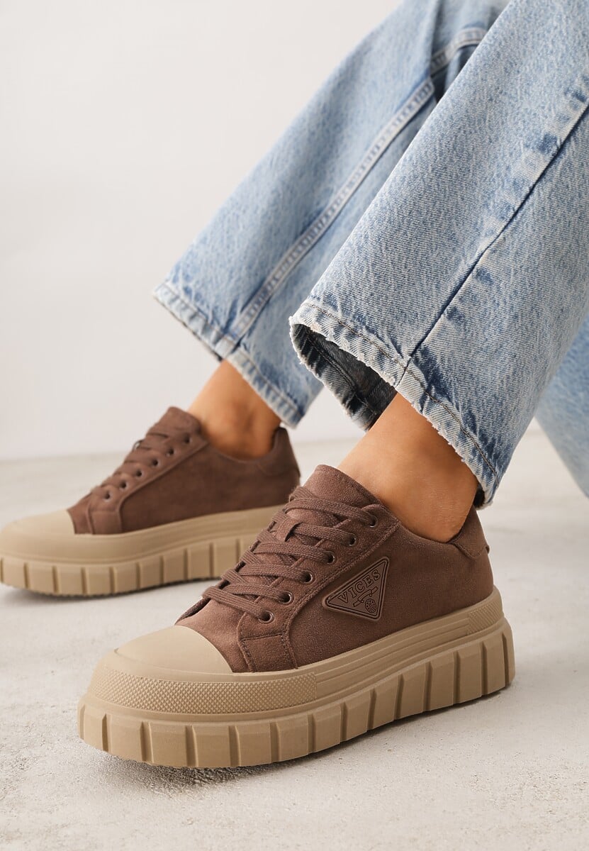 Jasnobrązowe Sneakersy Vices na Platformie z Ozdobą i Napisem Leawen 1