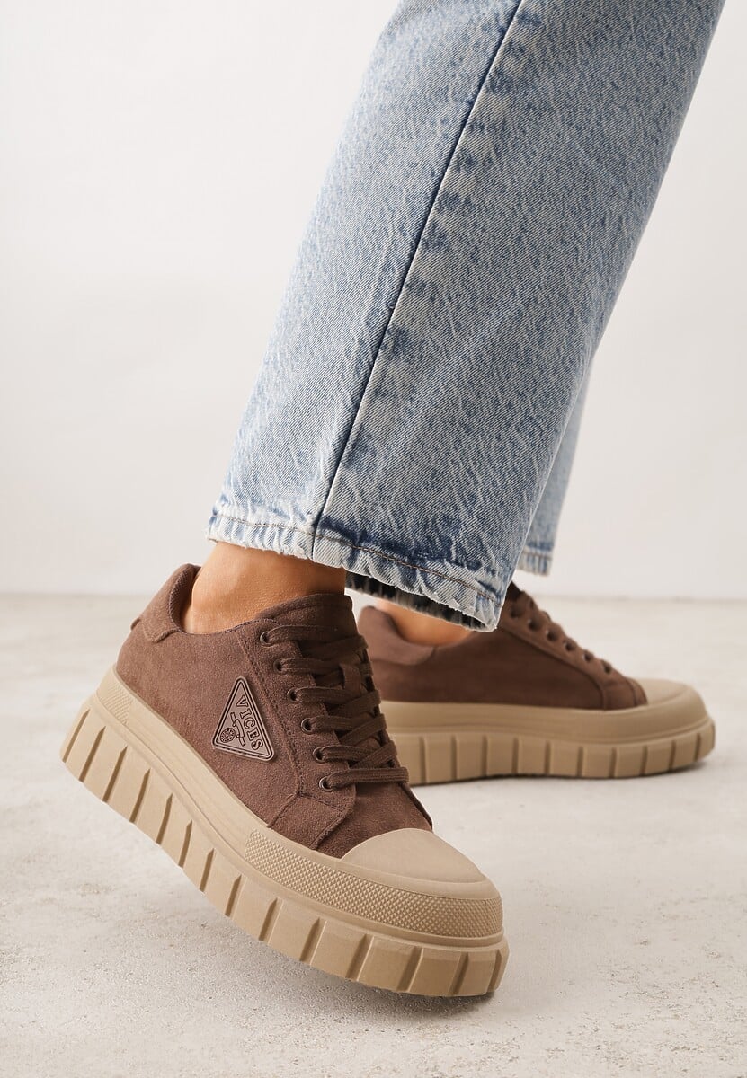 Jasnobrązowe Sneakersy Vices na Platformie z Ozdobą i Napisem Leawen 2