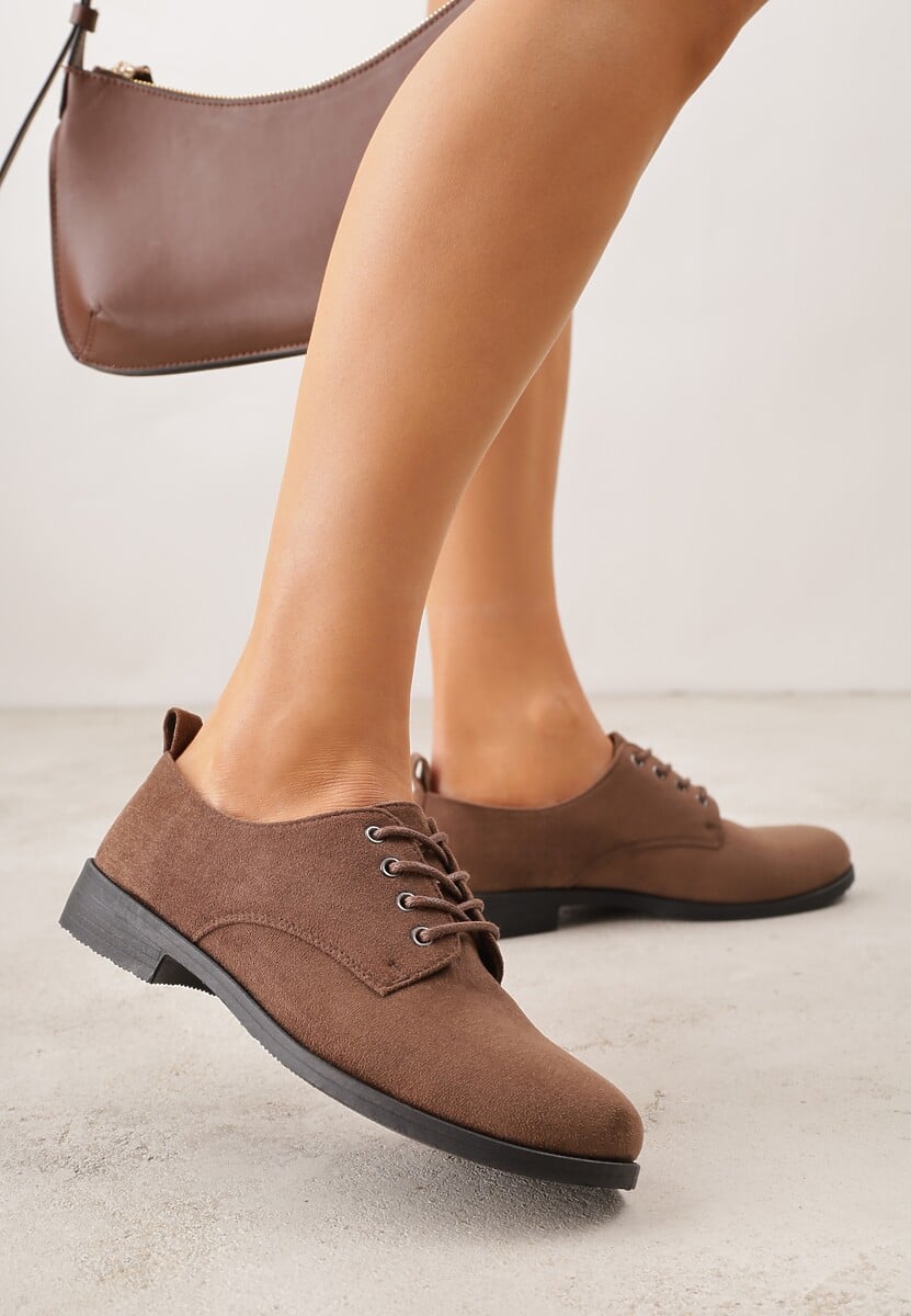 Brązowe Lakierowane Półbuty Oksfordki Sznurowane na Rzemyki Zatella 1