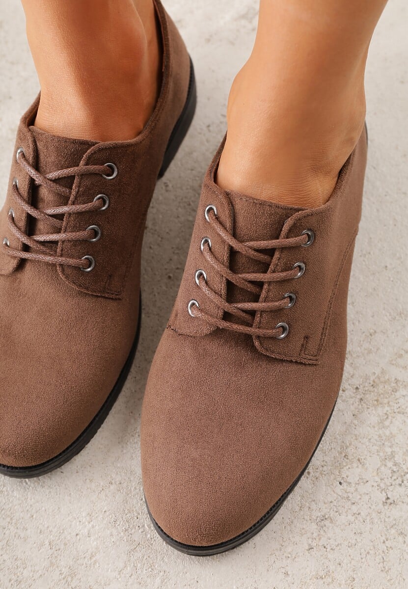 Brązowe Lakierowane Półbuty Oksfordki Sznurowane na Rzemyki Zatella 3