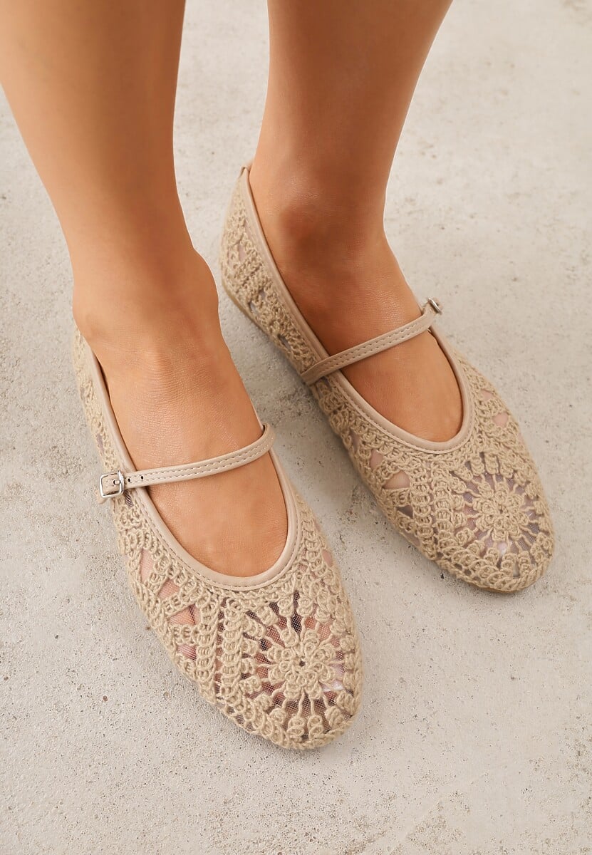 Ciemnobeżowe Boho Balerinki VICES w Stylu Mary Jane z Ażurową Cholewką Lainia 2