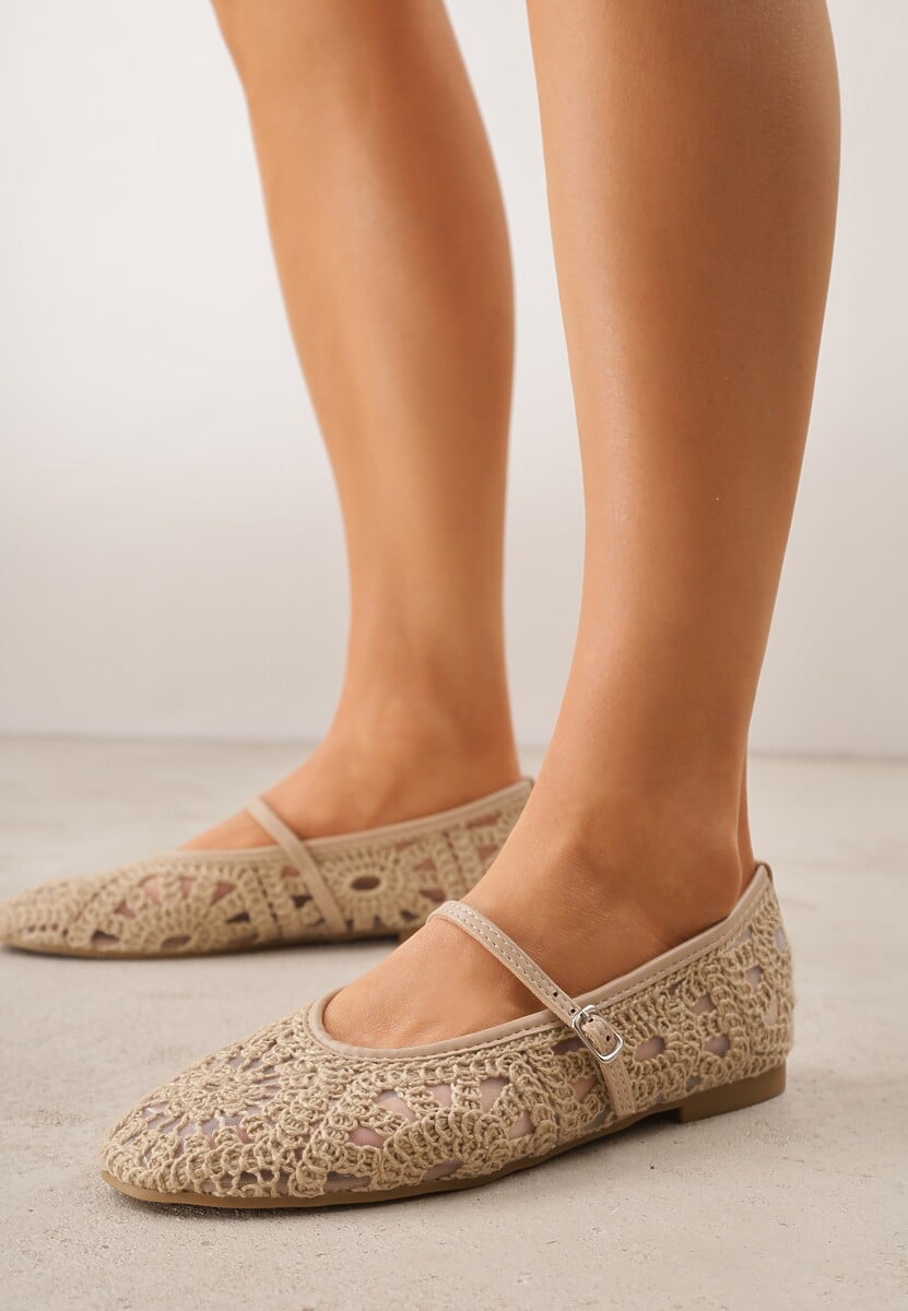 Ciemnobeżowe Boho Balerinki VICES w Stylu Mary Jane z Ażurową Cholewką Lainia 3