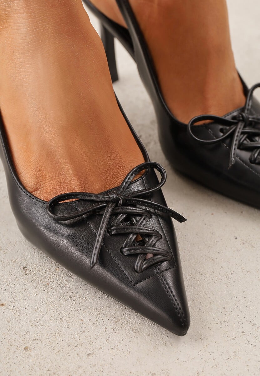 Czarne Szpilki Slingback VICES Zdobione Gorsetowym Wiązaniem z Kokardą Azimuna 3