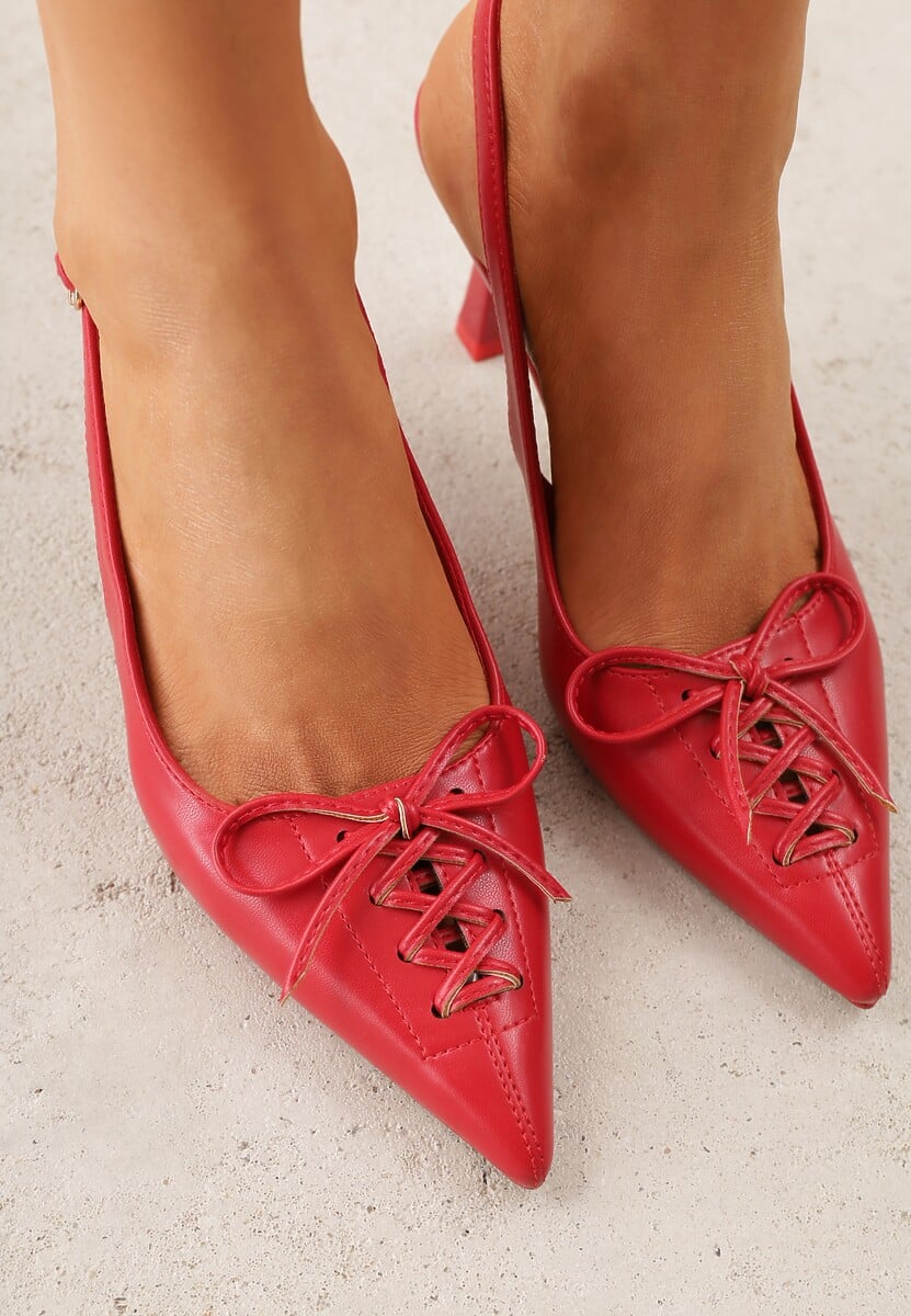 Czerwone Szpilki Slingback VICES Zdobione Gorsetowym Wiązaniem z Kokardą Azimuna 3