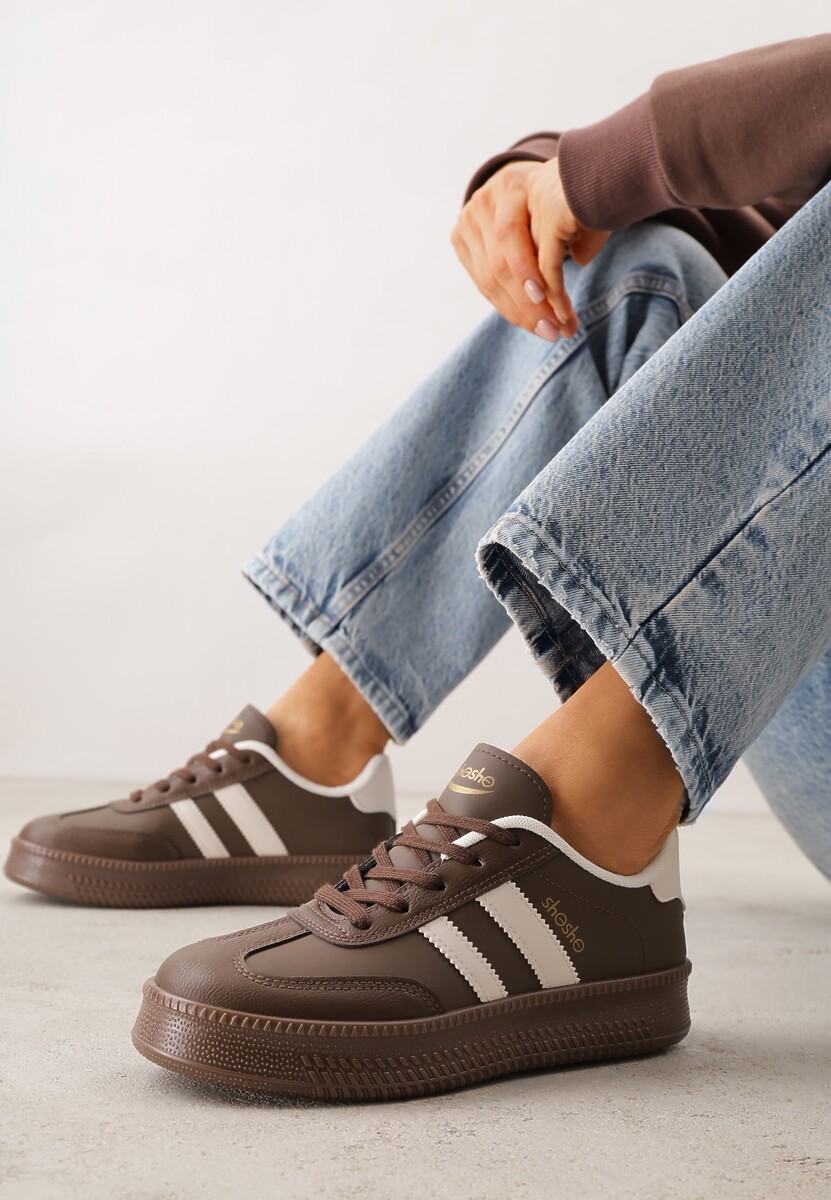 Brązowe Sneakersy Sportowe z Ozdobnymi Paskami i Przeszyciami Wenilan 1