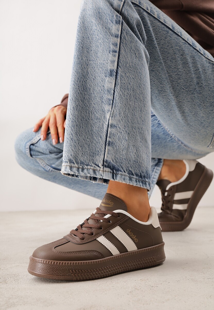 Brązowe Sneakersy Sportowe z Ozdobnymi Paskami i Przeszyciami Wenilan 2