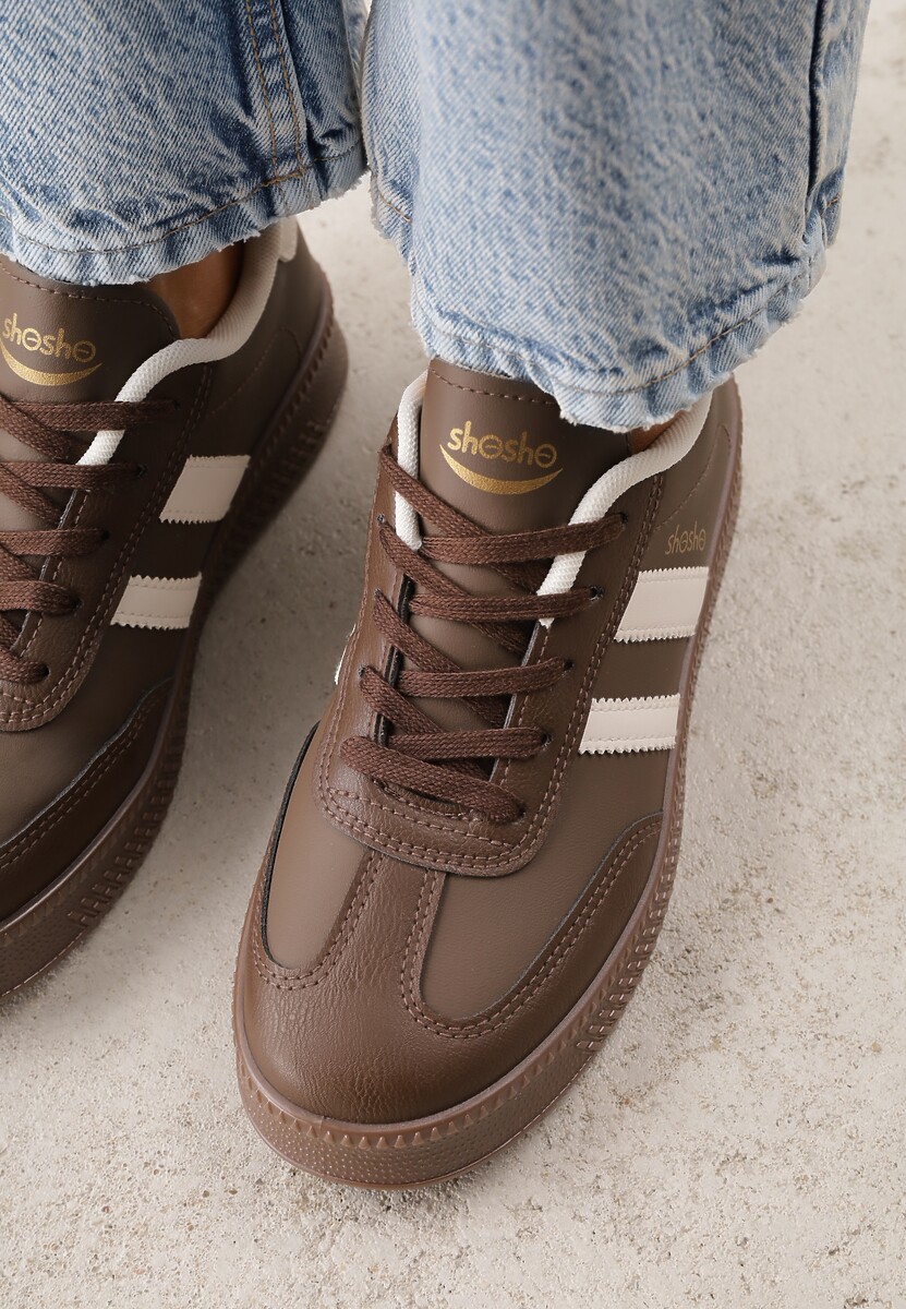 Brązowe Sneakersy Sportowe z Ozdobnymi Paskami i Przeszyciami Wenilan 3