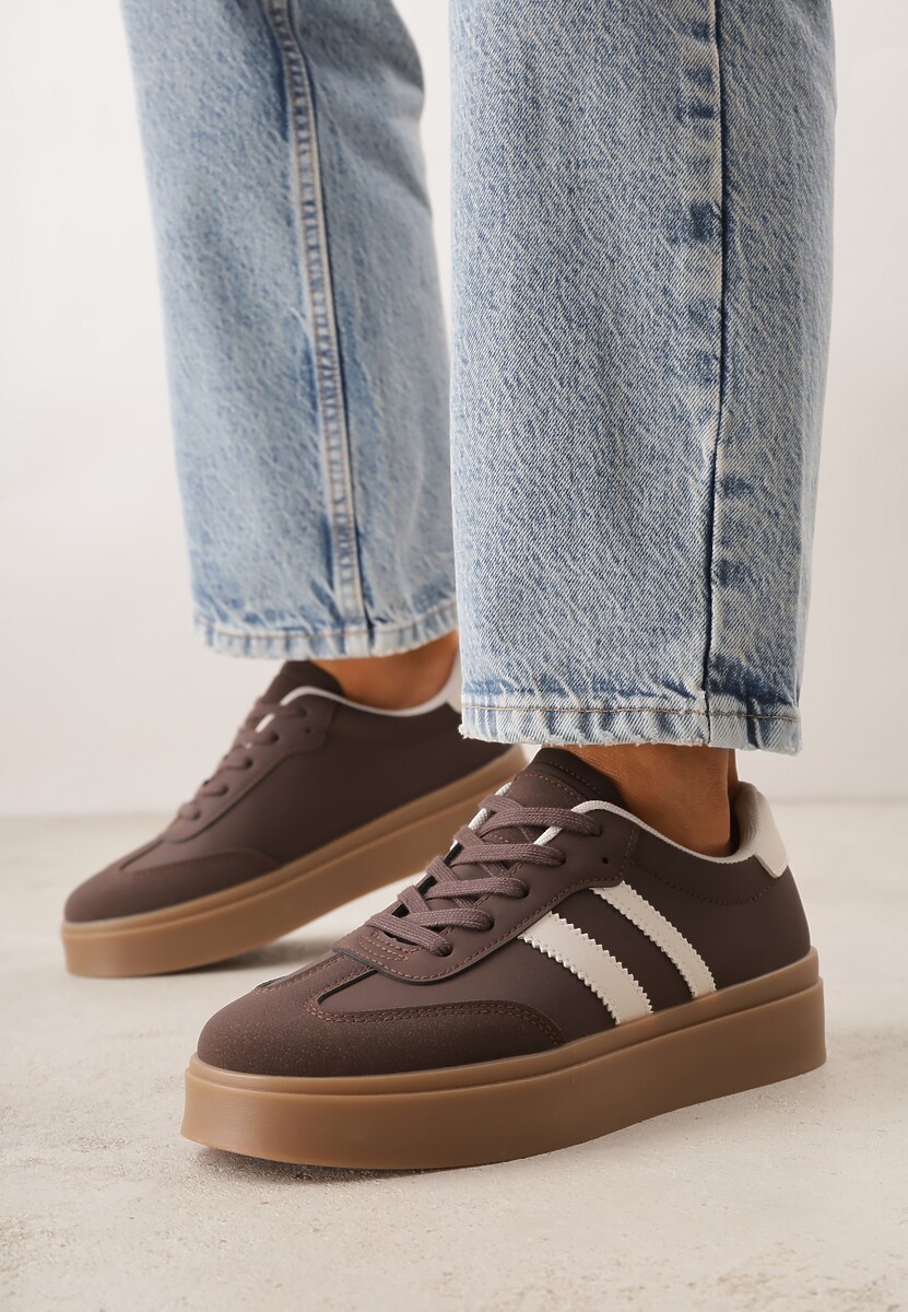 Brązowe Sneakersy VICES Typu Tenisówki na Platformie z Paskami po Bokach Zidilla 2