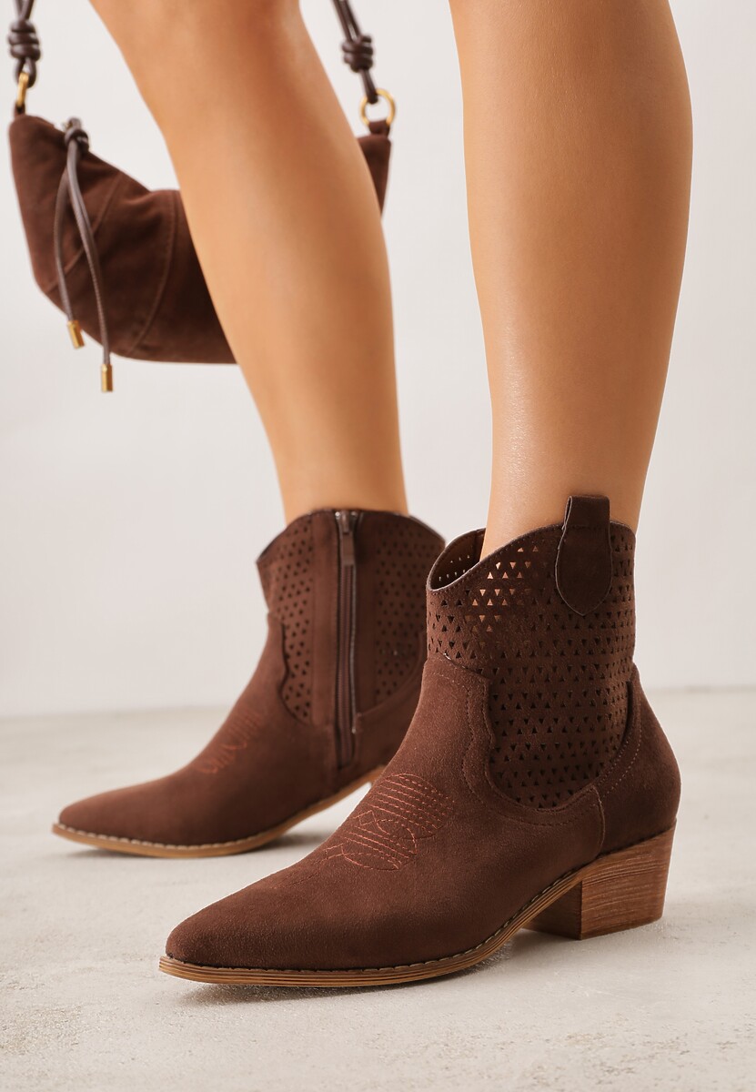 Brązowe Botki Kowbojki Vices na Słupku z Ażurową Cholewką Elfedi 2