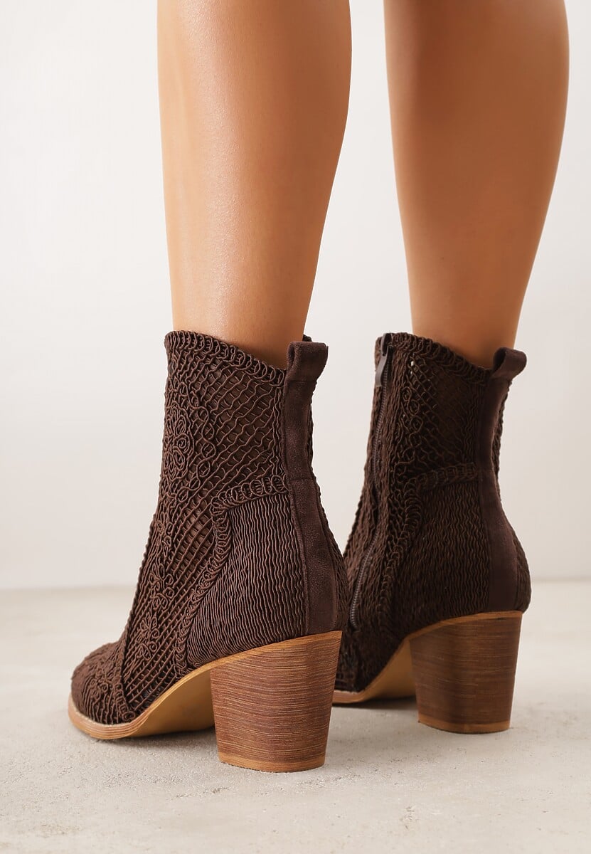 Brązowe Ażurowe Botki Kowbojki VICES na Stożkowym Obcasie Natesela 3
