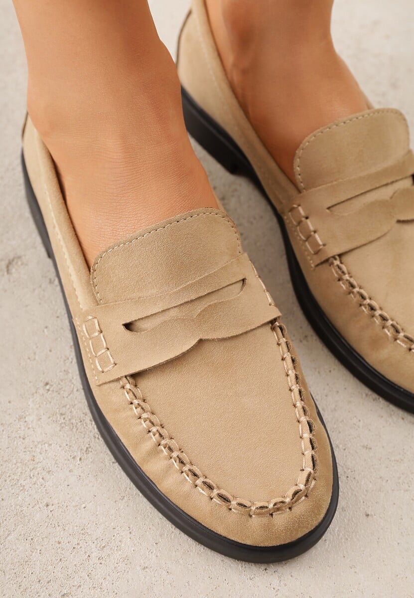 Beżowe Mokasyny VICES z Wkładką ze Skóry Naturalnej i Przeszyciami Astanie 3