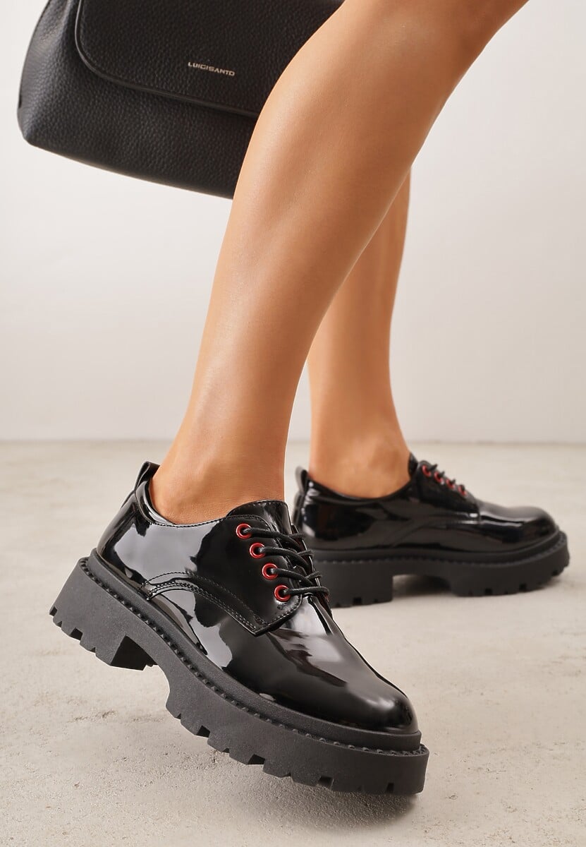 Czarno-Czerwone Eleganckie Półbuty Oksfordki VICES ze Sznurowaniem i Platformą Anatala 1