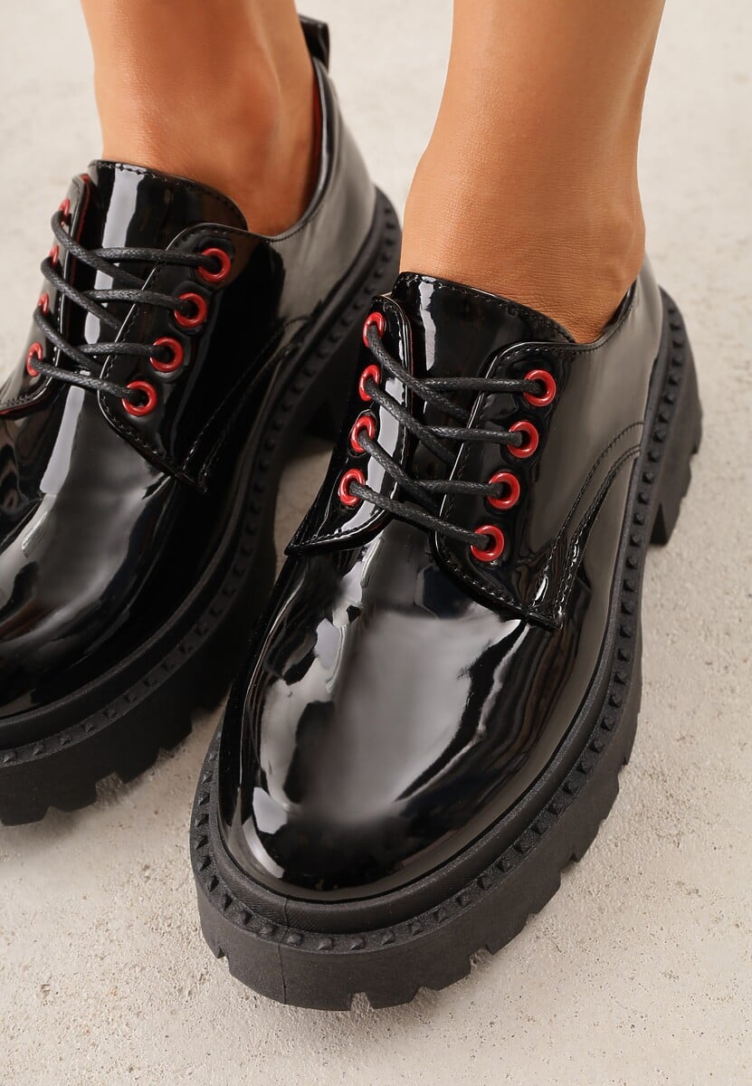 Czarno-Czerwone Eleganckie Półbuty Oksfordki VICES ze Sznurowaniem i Platformą Anatala 3