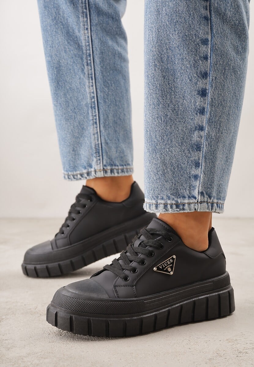 Czarne Sneakersy VICES na Tłoczonej Podeszwie w Stylu Chunky Myninis 2