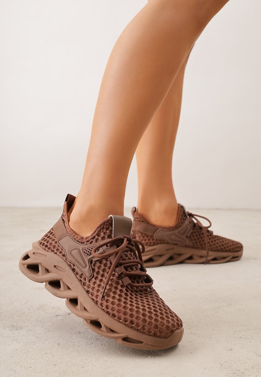 Brązowe Streetwearowe Sneakersy z Siateczki na Perforowanej Podeszwie Clythusa 1