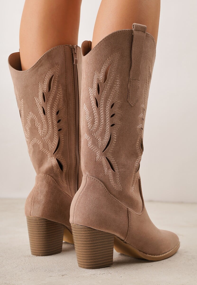 Ciemnobeżowe Ażurowe Botki Kowbojki VICES na Słupku Falenatea 3