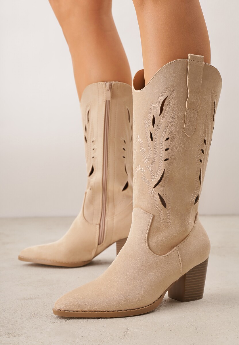 Beżowe Ażurowe Botki Kowbojki VICES na Słupku Falenatea 1