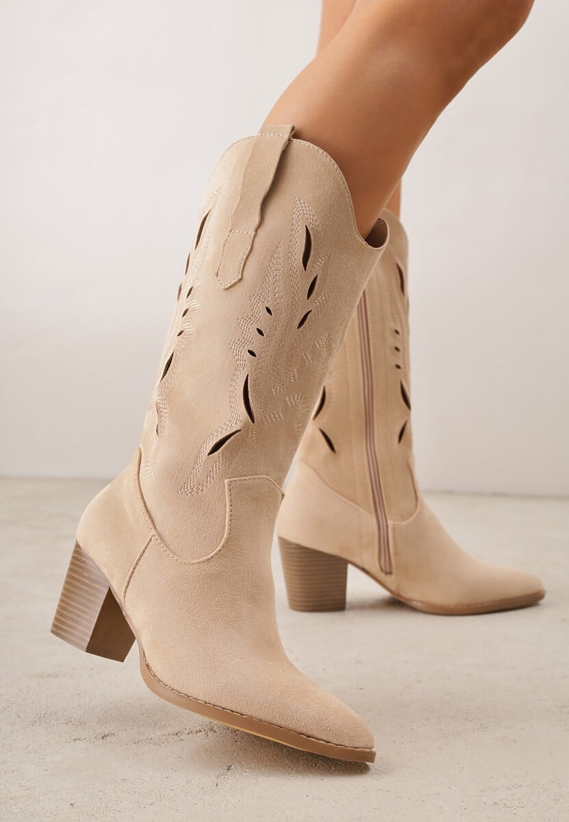 Beżowe Ażurowe Botki Kowbojki VICES na Słupku Falenatea 2
