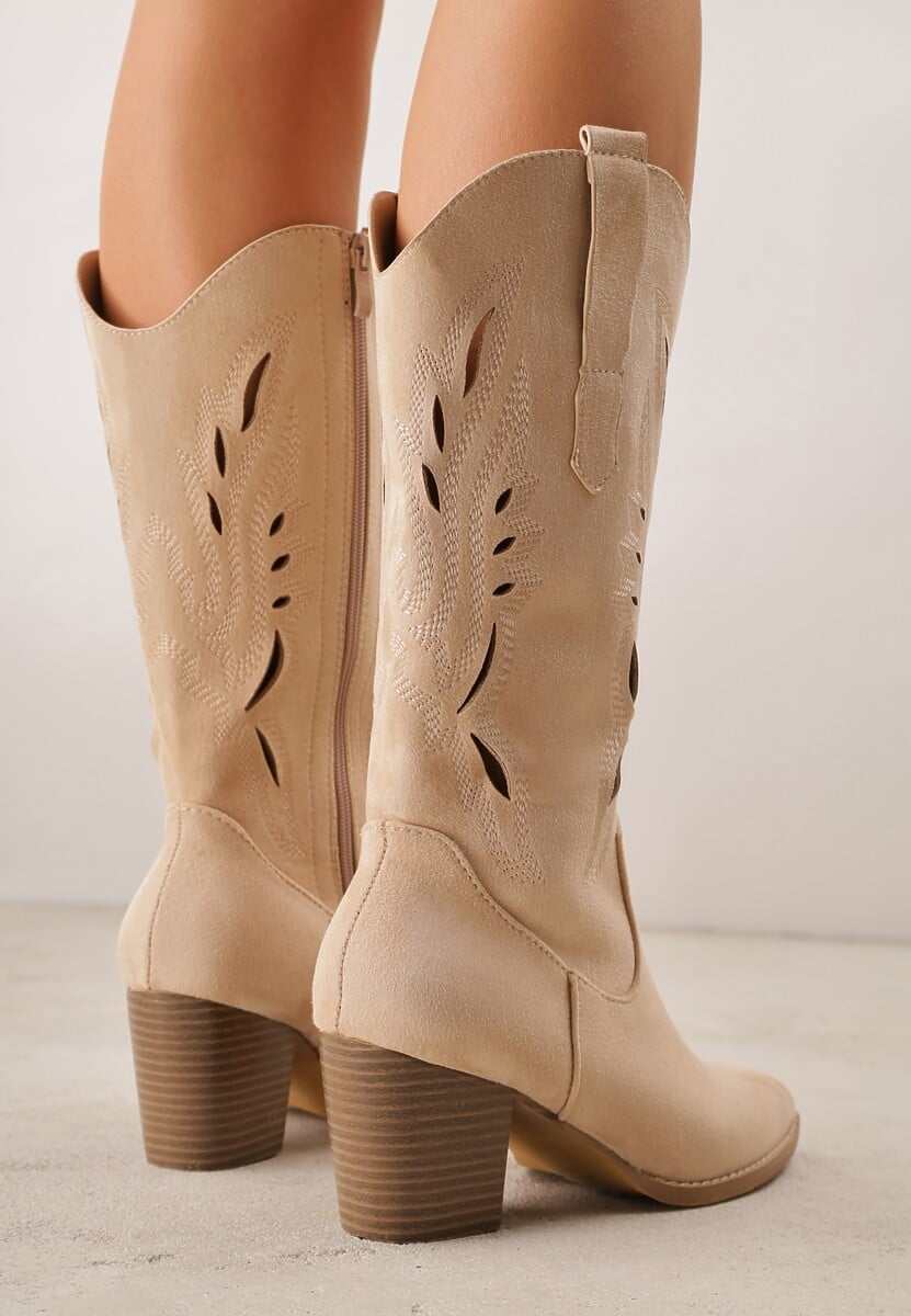 Beżowe Ażurowe Botki Kowbojki VICES na Słupku Falenatea 3