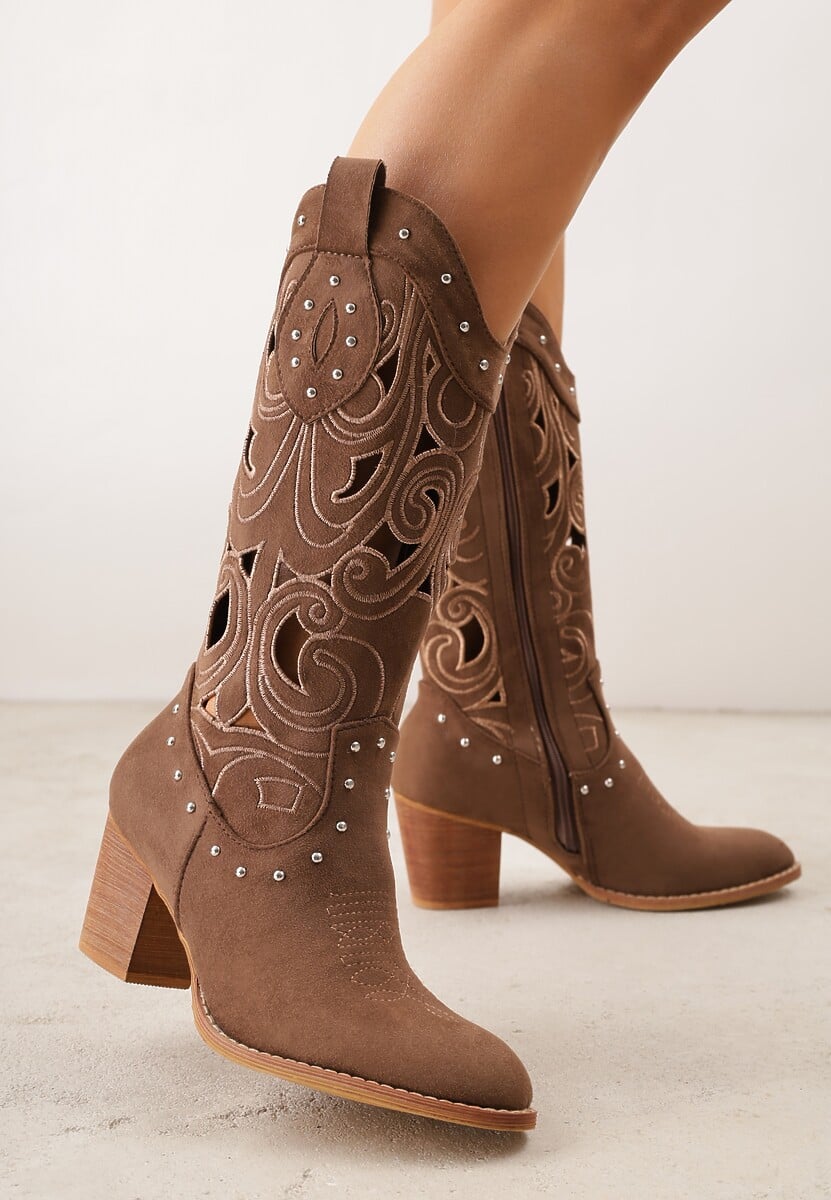 Brązowe Ażurowe Botki Kowbojki VICES na Stożku Zdobione Nitami Sennatea 2