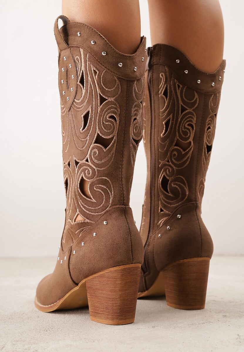 Brązowe Ażurowe Botki Kowbojki VICES na Stożku Zdobione Nitami Sennatea 3
