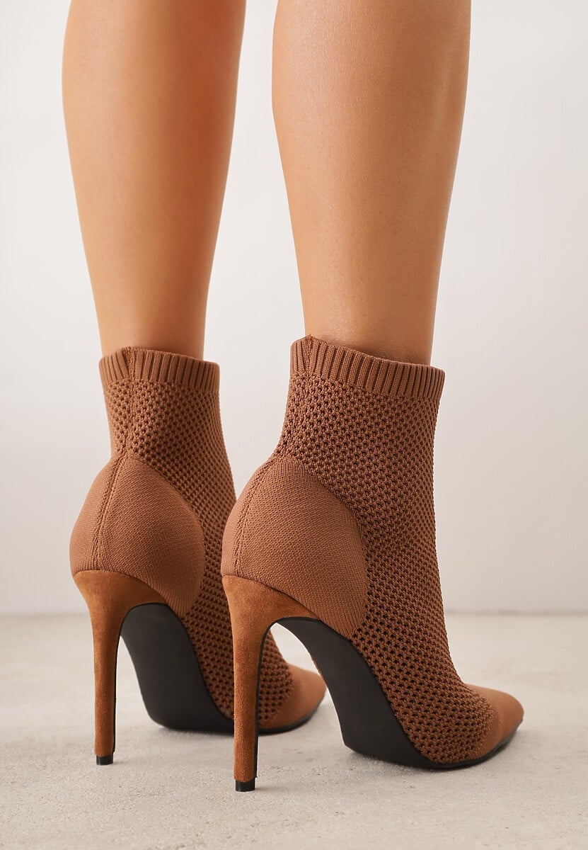 Brązowe Botki VICES na Szpilce z Elastyczną Dzianinową Cholewką Dedanna 3