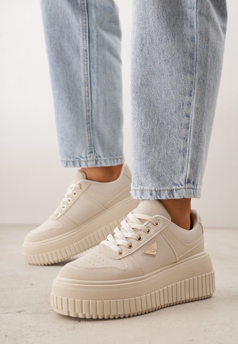 Beżowe Chunky Sneakersy z Trójkątną Aplikacją VICES na Platformie Cezaline 2