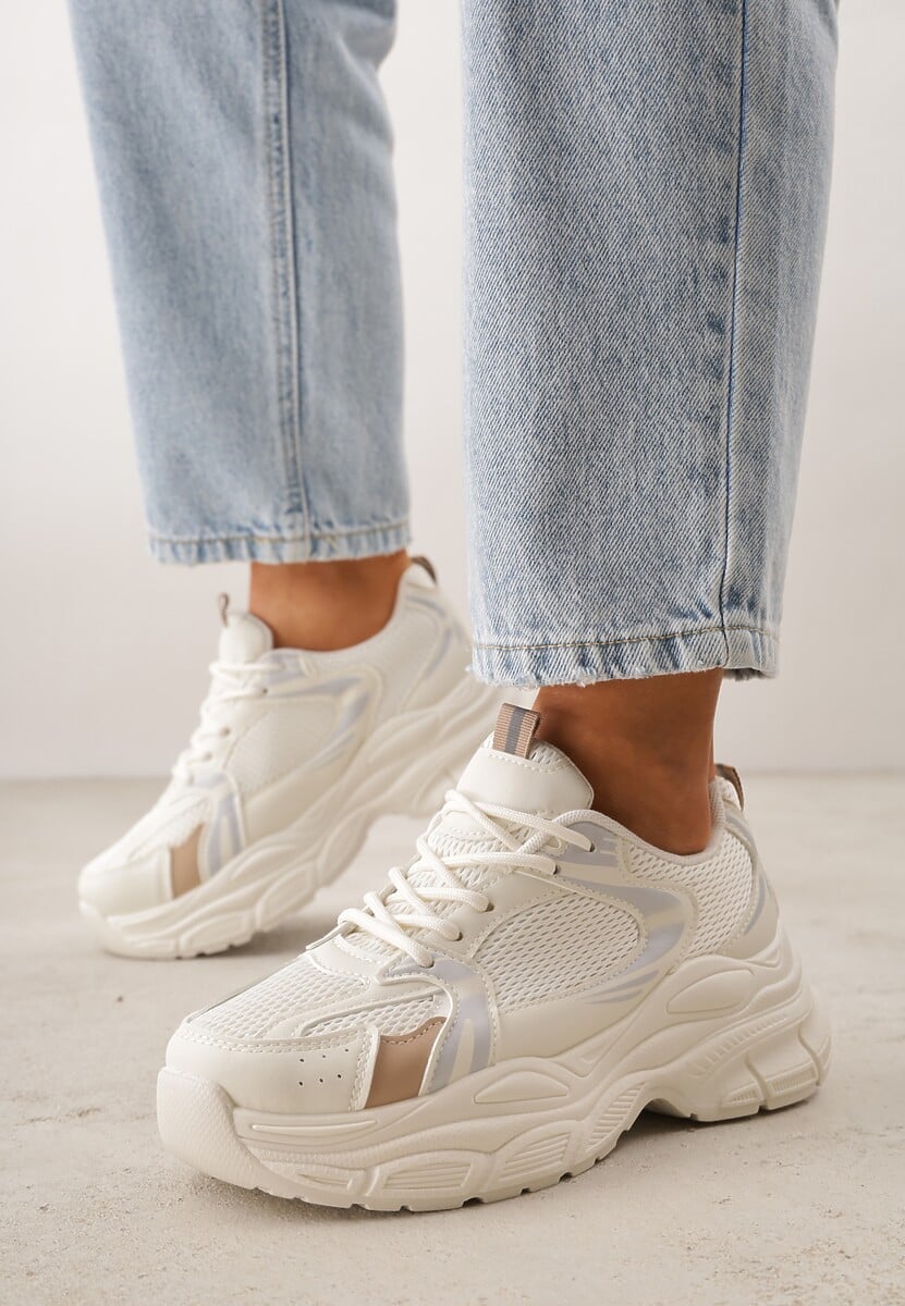 Beżowe Sneakersy VICES na Geometrycznej Platformie z Perforacją Elinata 3