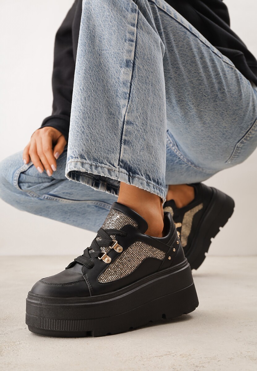 Czarne Sneakersy VICES na Koturnie z Brokatowymi Wstawkami Morinatea 1