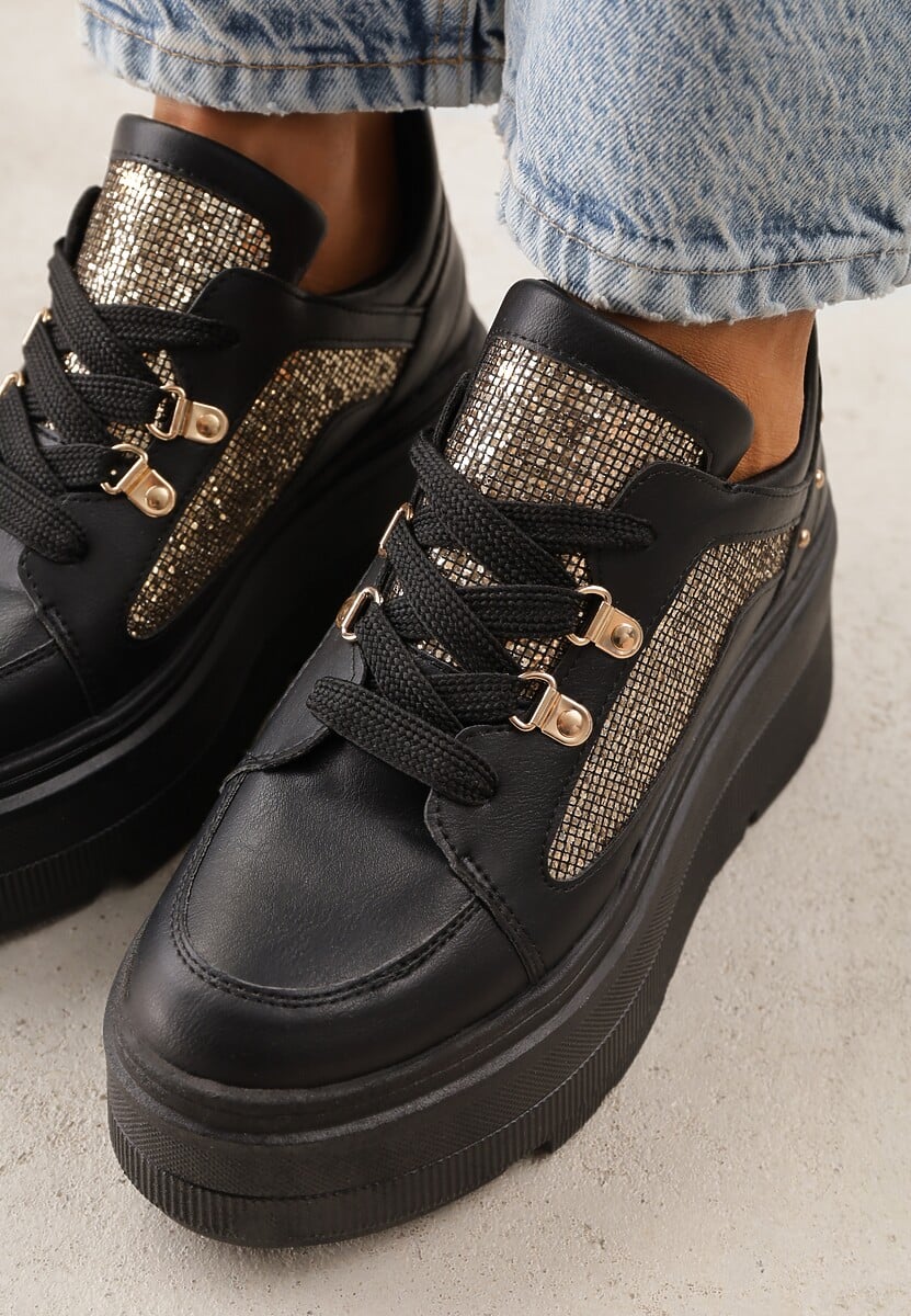 Czarne Sneakersy VICES na Koturnie z Brokatowymi Wstawkami Morinatea 3