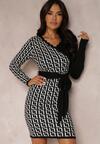 Rochie Tricotată Alb-Negru cu Model Geometric și Decolteu În V Qurrat