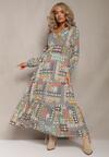 Rochie bleu deschis cu decolteu petrecut și model patchwork Matij