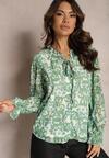 Zielona Koszula w Kwiaty z Falbanką przy Dekolcie i Rękawach Navy