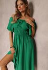Zielona Sukienka Midi Hiszpanka z Wiskozy z Odkrytymi Ramionami i Gumką w Talii Tasete