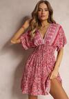 Różowo-Czerwona Sukienka Mini z Wiskozy w Kwiatki z Gumkami w Talii i Szerokim Rękawem Themmo