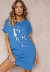 Niebieska Sukienka typu T-shirt z Nadrukiem i Krótkim Rękawem Nodite