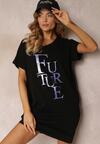 Czarna Sukienka typu T-shirt z Nadrukiem i Krótkim Rękawem Nodite