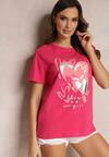 Fuksjowy Bawełniany T-shirt z Metalicznym Nadrukiem Arala