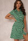 Zielona Sukienka Mini z Kołnierzykiem i Materiałowym Paskiem Rital