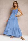 Niebieska Rozkloszowana Sukienka Maxi na Cienkich Ramiączkach z Ażurową Górą Batri