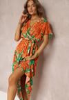 Zielono-Pomarańczowa Wiskozowa Sukienka Maxi z Kopertowym Dekoltem z Gumką w Talii Lynette