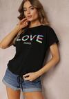 Czarny T-shirt z Bawełny ze Ściągaczem i Napisem Love Cloey