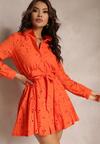 Pomarańczowa Koszulowa Sukienka Ażurowa z Wiązanym Paskiem Faeyela