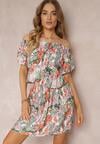 Rochie mini alb-verde din viscoză cu flori cu decolteu spaniol și elastic în talie Selecia