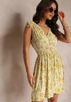Rochie galbenă mini cu flori elastic în talie și șnur la umeri Tanta
